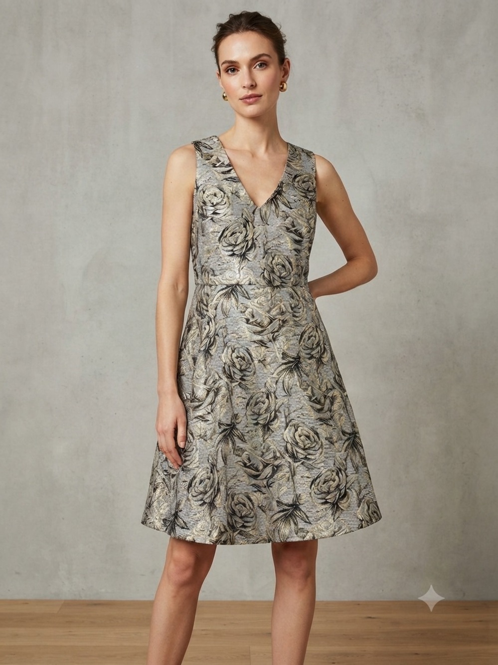 Monsoon Metallic Gold & Black Floral Jacquard Sleeveless V-Neck Dress US 12